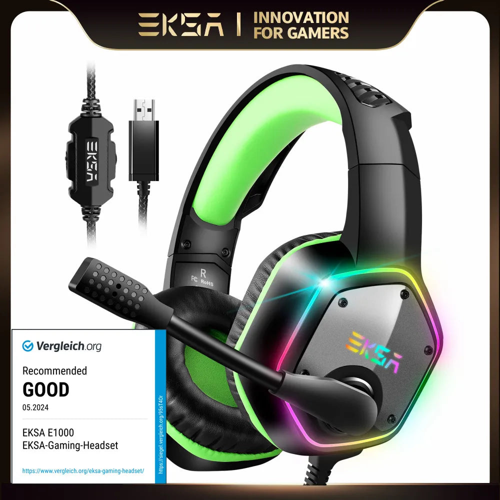 Gaming Headphones for PC/PS4/PS5  E1000 7.1 Surround RGB Gaming Headset Gamer USB Wired Headphones with Noise Cancelling Mic