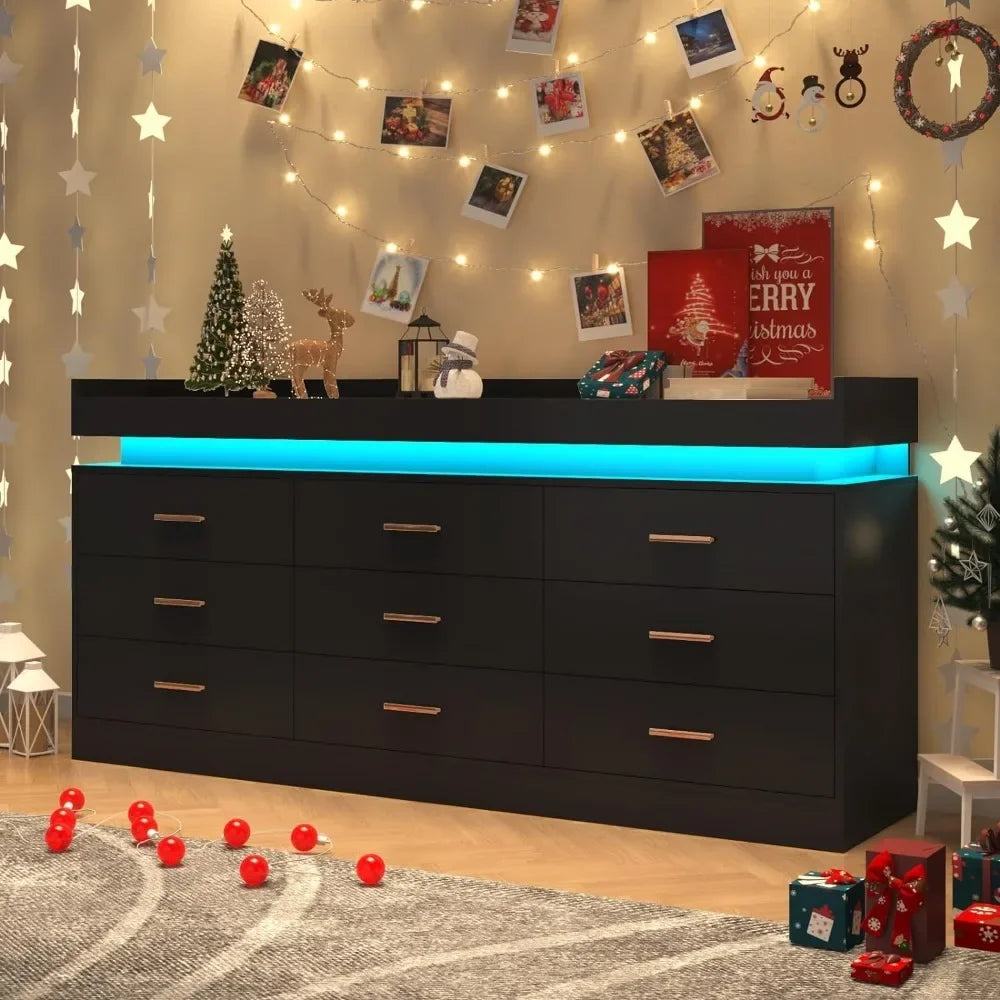 Modern Dresser 9 Drawer with LED Light,Wide Drawer Organizer Cabinet for Bedroom Living Room Chest for Closet of Wood Drawers