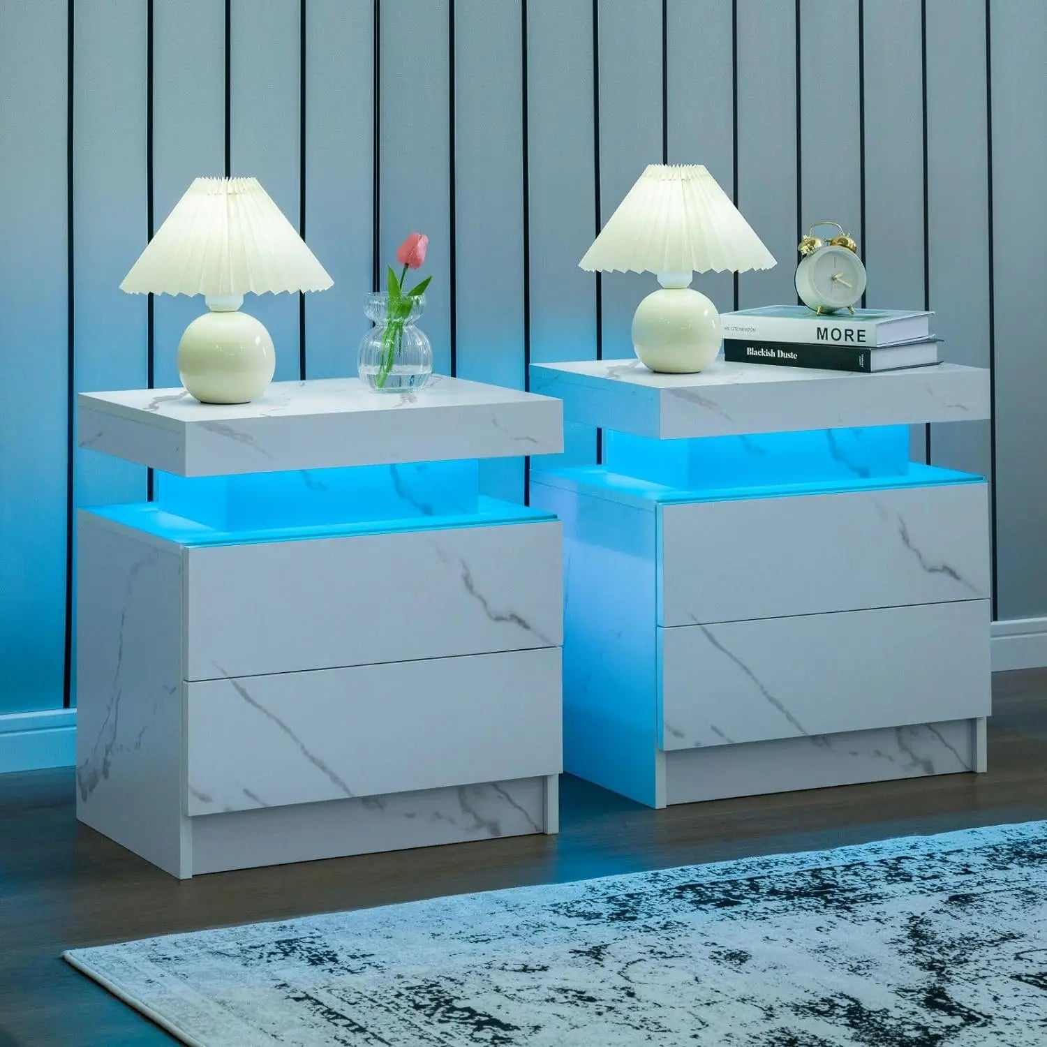 Nightstand Set of 2 LED Nightstand with 2 Drawers, Bedside Table with Drawers for Bedroom Furniture, Side Bed Table