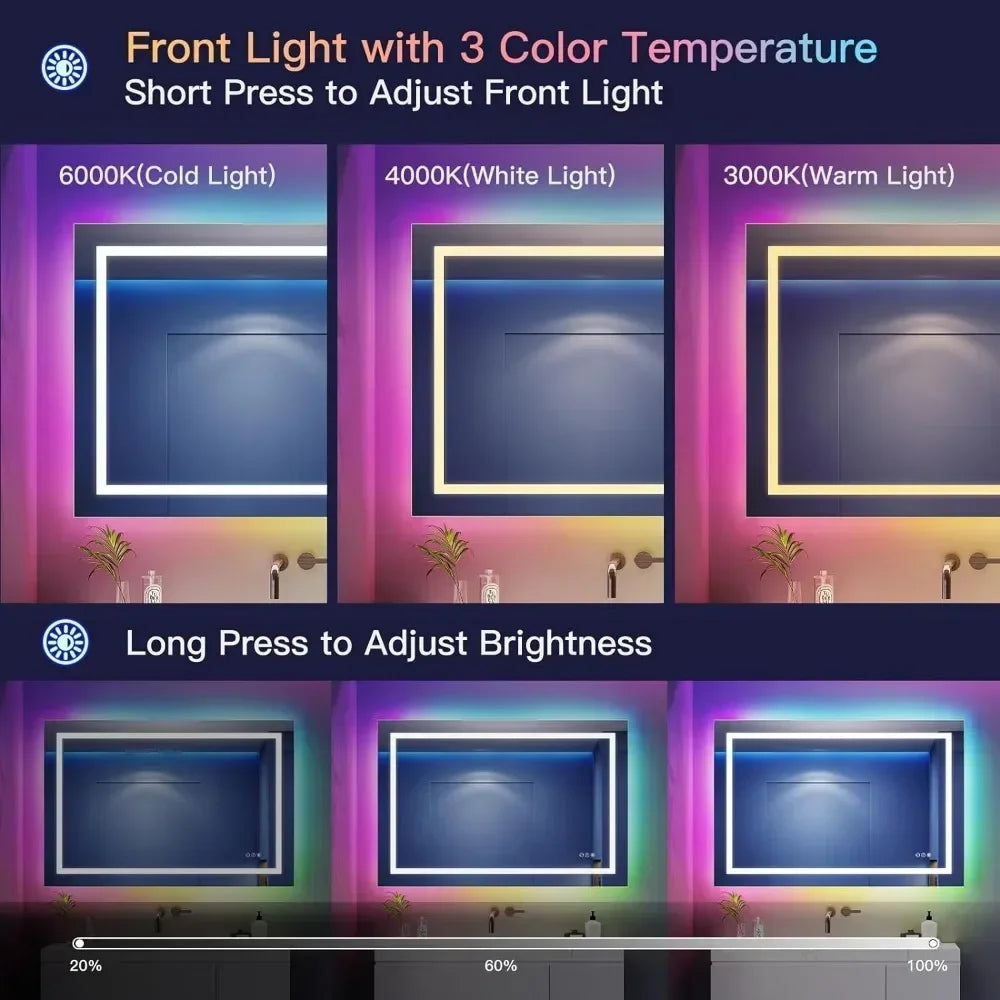 Wall Mounted Bathroom Vanity Mirror RGB LED Bathroom Mirror with Light Anti-Fog Dimmable Memory Makeup Mirrors Backlight