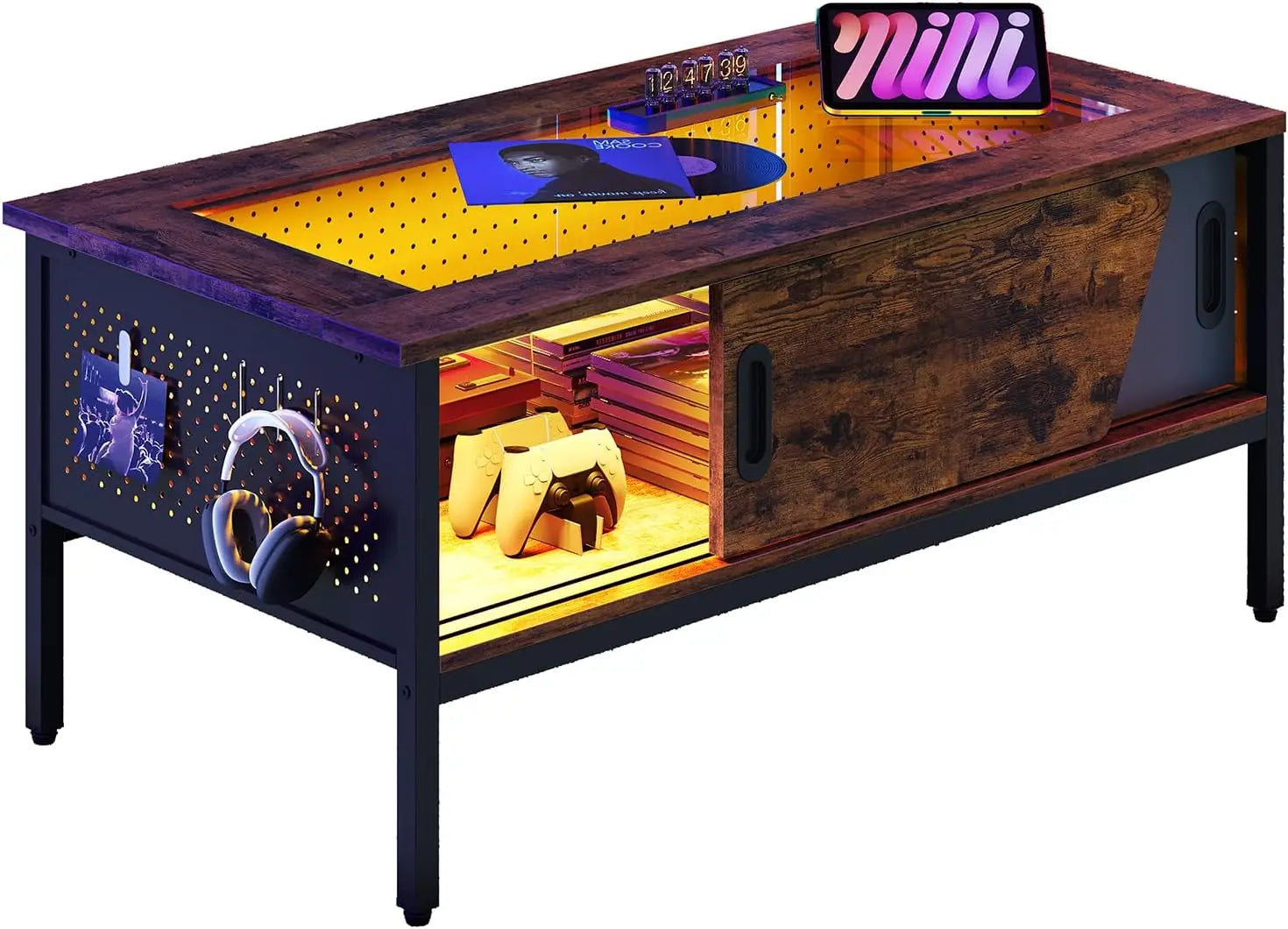 42 Inch LED Table with Storage Glass Coffee Tables for Living Room with Sliding Doors, Black Living Room Center Table