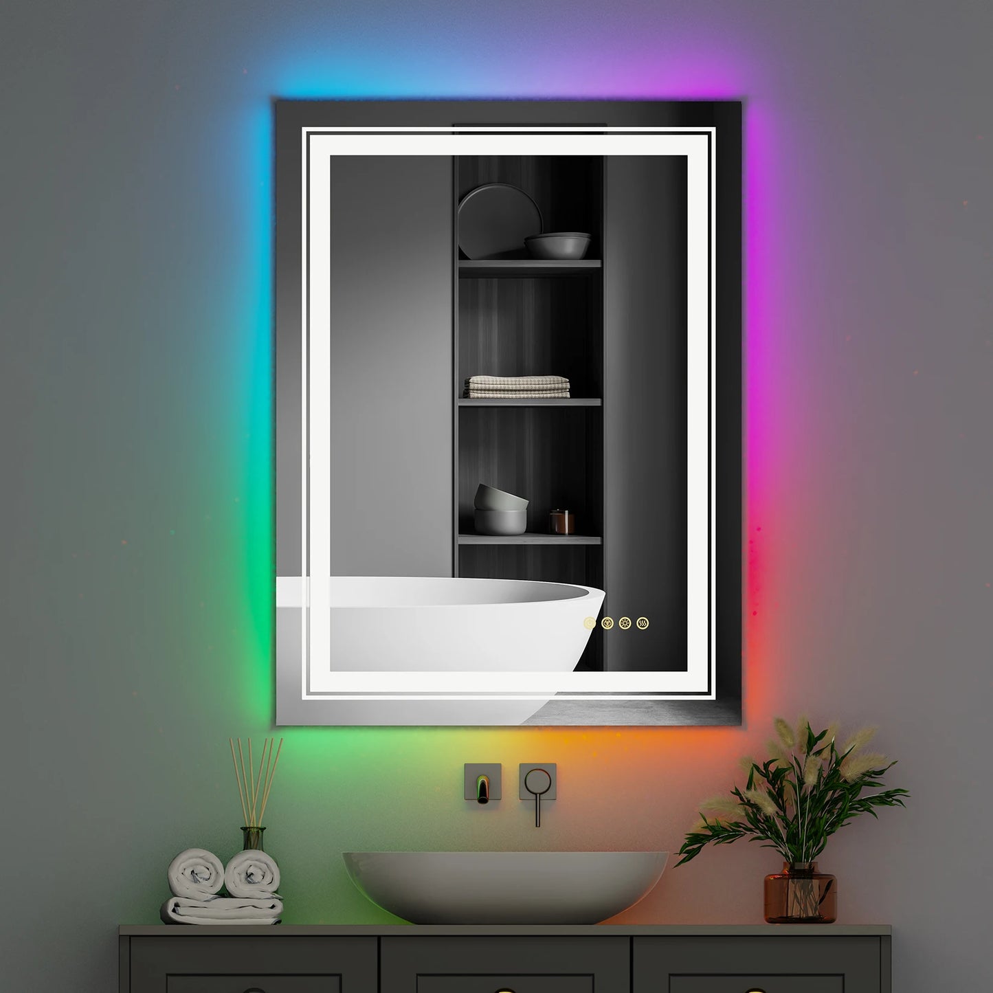 Large Bathroom LED Vanity Mirror RGB Color Changing Backlit Bathroom Mirror Shatterproof Dimmable Anti-Fog Led Mirror