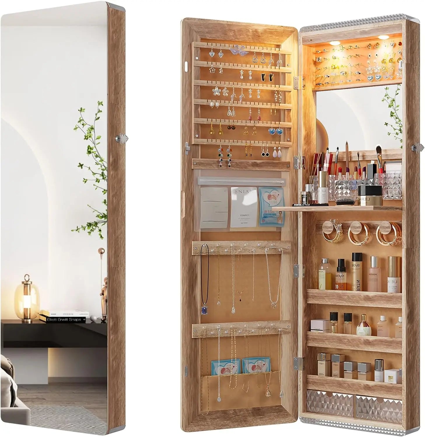 LED Mirror Jewelry Cabinet with RGB Lights,47.2" Wall Mounted Jewelry Organizer with Full-Length Mirror,Over the Door Hanging
