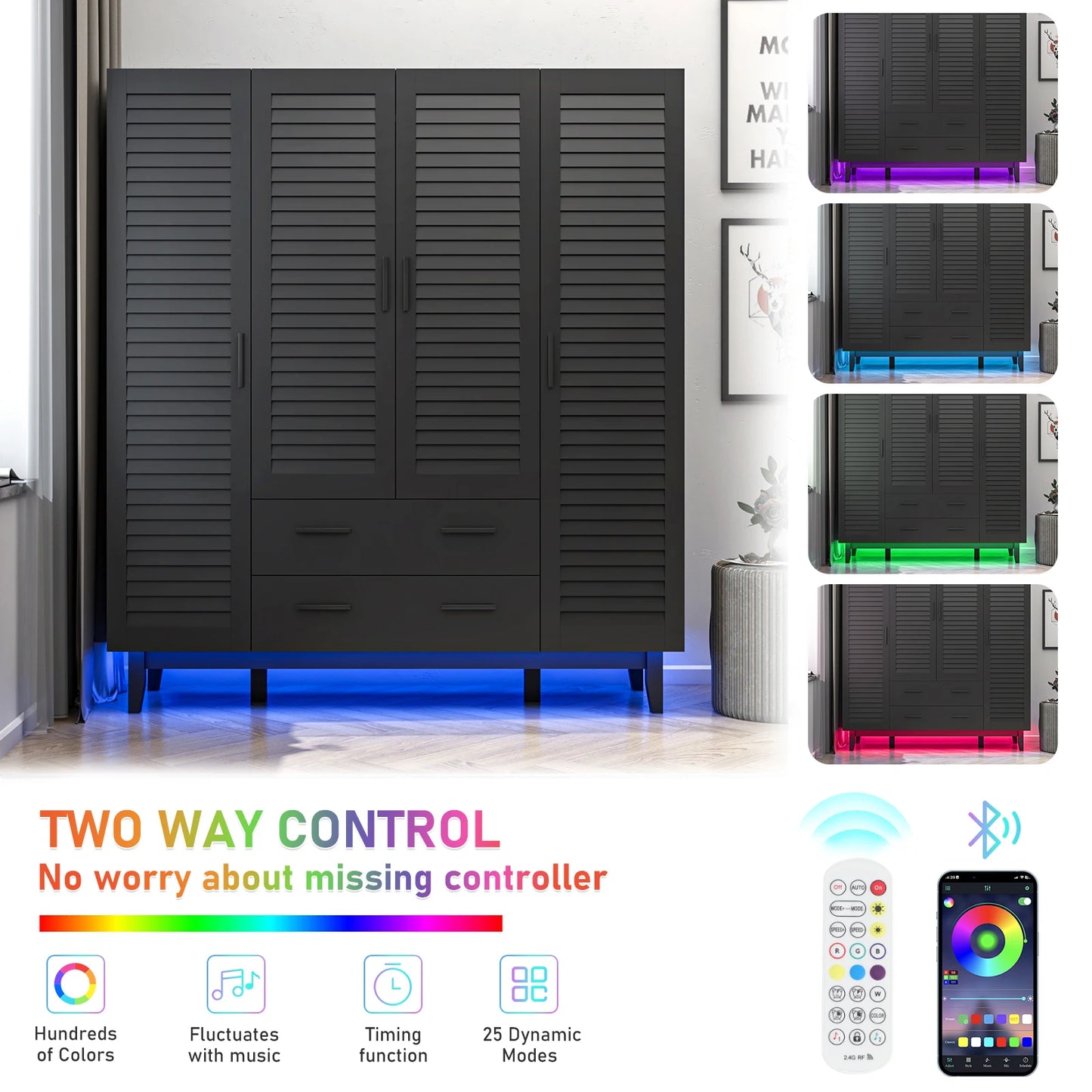 Large Capacity Storage Wardrobe Armoire for Bedroom, 4 Door LED Wardrobe with Drawers, Hanging Rod, 4 Louver Doors, Black