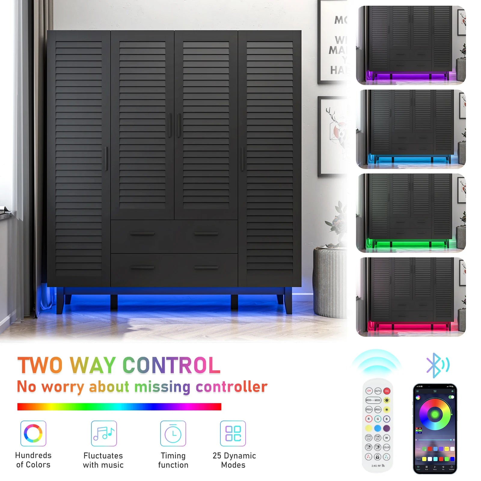 Large Capacity Storage Wardrobe Armoire for Bedroom, 4 Door LED Wardrobe with Drawers, Hanging Rod, 4 Louver Doors, Black
