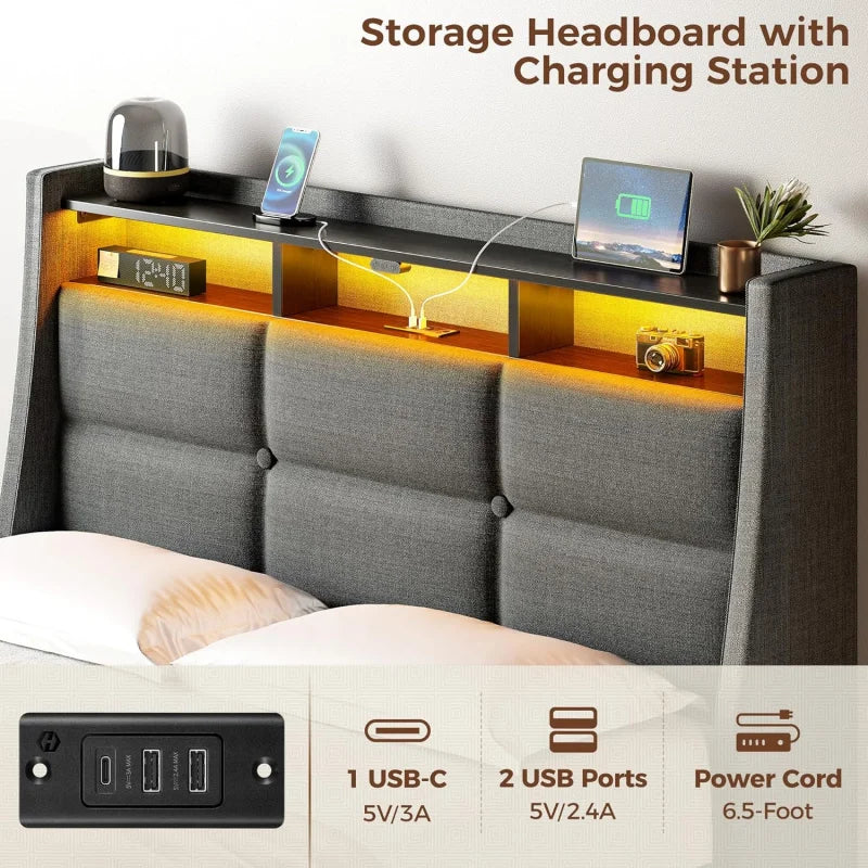 Twin Size Frame with LED Lights and Charging Station, Upholstered Bed Storage Headboard &Amp; Drawers, Heavy Duty